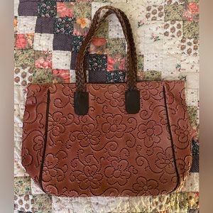 Barneys New York Brown Leather Embossed Floral Print Tote